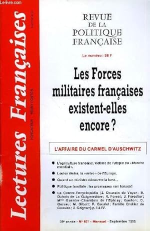 Image du vendeur pour LECTURES FRANCAISES N 461 - LES FORCES MILITAIRES FRANCAISES EXISTENT-ELLES ENCORE ?, L'AFFAIRE DU CARMEL D'AUSCHWITZ, L'AGRICULTURE FRANCAISE, VICTIME DE L'UTOPIE DU MARCHE MONDIAL, LOUISE WEISS, LA "MERE" DE L'EUROPE, QUAND UN MINISTRE DECOUVRE LA LUNE mis en vente par Le-Livre