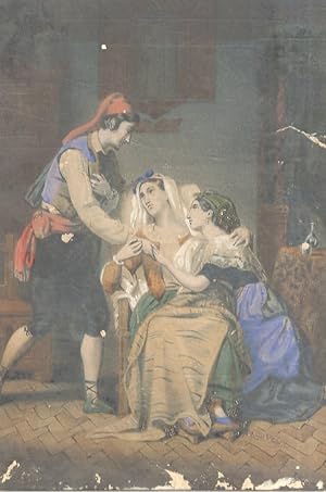 Scena d'interni con tre personaggi abbigliati secondo foggia campana dell'Ottocento: due giovani ...
