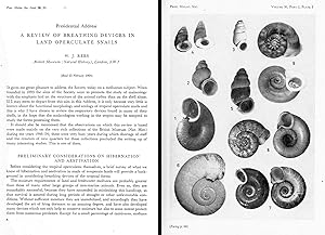 Seller image for A review of breathing devices in land operculate snails. In 8vo, blind wrappers, pp. 17 with 2 pls. and 7 figs. Offprint from Proc. Malac. Soc. London, 36 for sale by NATURAMA