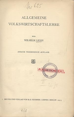 Bild des Verkufers fr ALLGEMEINE VOLKSWIRTSCHAFTSLEHRE. ZWEITE VERBESSERTE AUFLAGE. zum Verkauf von Antiquariat Bookfarm