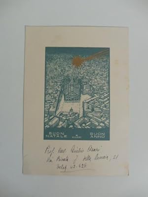 Cartolina di auguri con illustrazione di Cisari e dati manoscritti dell'autore in calce