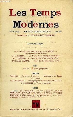 Imagen del vendedor de LES TEMPS MODERNES N 60 - ELSE FRENKEL BRUNSWIK etR.N. SANFORD. -La personnalit antismite.E.-N. DZELEPY.   Le drame de la politique amricaineJ. L. MORENO.   Psychodrame d un mariage (fin).JEAN-PAUL SARTRE.   Jean Gent (fragments, suite). a la venta por Le-Livre