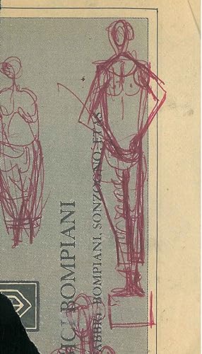 3 schizzi a penna rossa per una scultura femminile su foglio strappato da un quotidiano