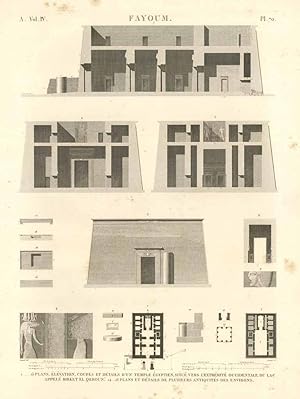 Bild des Verk�ufers f�r Fayoum - Plans, �l�vation, coupes et d�tails d'un temple �giptien, situ� vers l'extremit� occidentale du Lac appel� Birket El Qeroun - . zum Verkauf von Sergio Trippini