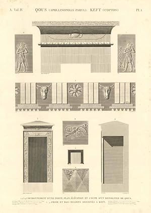 Bild des Verk�ufers f�r Qous (Apollinopolis Parva). Keft (Coptos) - Couronnement d'une porte. Plan, �l�vation et coupe d'un monolithe du Qous. Frise et bas-reliefs dessin�s a Keft zum Verkauf von Sergio Trippini