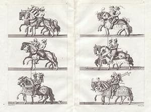 Ritter mit Turnier-Pferden. 12 Darstellungen auf 2 Doppelblättern. Original-Radierungen mit Aquat...
