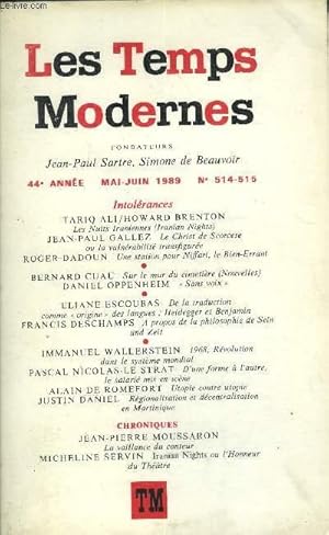 Seller image for LES TEMPS MODERNES N 514-515 - TARIQ ALI/HOWARD BRENTON Les Nuits Iraniennes (Iranian Nights)JEAN-PAUL G ALLEZ Le Christ de Scorcese ou la vulnrabilit transfigure ROGER DADOUN Une station pour Niffari, le Bien-ErrantBERNARD CUAU for sale by Le-Livre