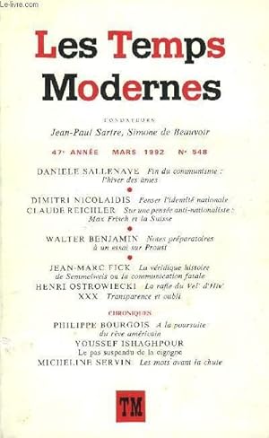 Seller image for LES TEMPS MODERNES N 548 - DANIELE SALLENAVE Fin du communisme : l hiver des mesDIMITRI NICOLAIDIS Penser l identit nationaleCLAUDE REICHLER Sur une pense anti-nationaliste : Max Frisch et la SuisseWALTER BENJAMIN Notes prparatoires for sale by Le-Livre