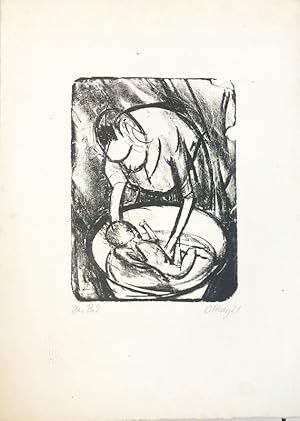 Das Bad (Mutter beim Kindbaden). Lithographie.