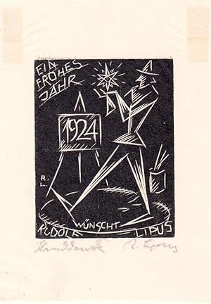 O-Holzschn., PF " Ein Frohes Jahr 1924 wünscht Rudolf Lipus", 11,6 x 8,5 cm Seidenpapier. Im Druc...