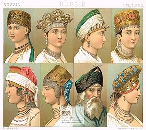 Russia. Russie. Russland. Kopfbedeckungen und Kopfschmuck der Russen. Original-Chromolithographie...