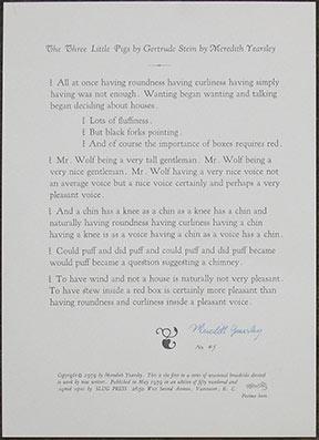 Imagen del vendedor de The Three Little Pigs by Gertrude Stein by Meredith Yearsley. a la venta por William Matthews/The Haunted Bookshop