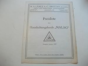 Imagen del vendedor de Preisliste ber Haushaltungsherde MALAG. a la venta por Ottmar Mller