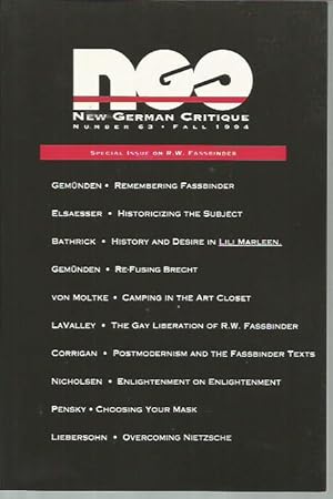 Imagen del vendedor de New German Critique, Number 63 (Fall 1994) Special Issue on R. W. Fassbinder a la venta por Bookfeathers, LLC