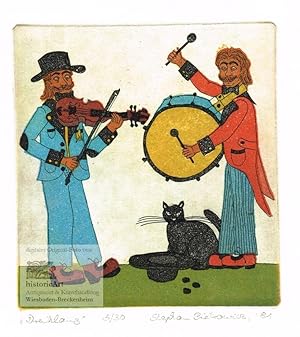 Dreiklang. Zwei Straßenmusikanten mit Geige und Pauke, daneben eine Katze mit Hut. Handkolorierte...