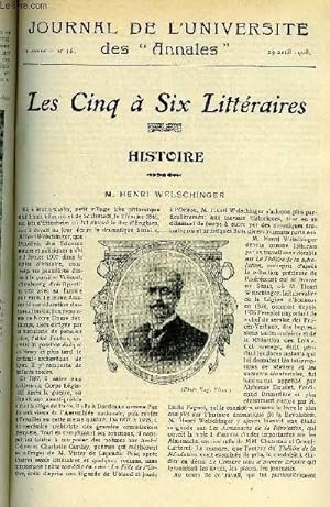 Seller image for JOURNAL DE L'UNIVERSITE DES ANNALES ANNEE SCOLAIRE 1907-1908 N16 - Histoire : M. Henri Welschinger, littrature trangre : Hermann Sudermann, confrence de Gaston Deschamps, Morale et philosophie : Bersot, confrence de Chantavoine for sale by Le-Livre