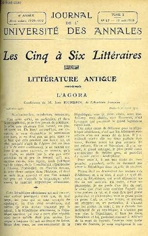 Seller image for JOURNAL DE L'UNIVERSITE DES ANNALES QUATRIEME ANNEE SCOLAIRE N17 - Sommaire : LITTRATURE ANTIQUE L'Agora. . M. Jean Richepin,HISTOIRECharles X.   Le Sacre.   La Cour.M. Maurice Dumoulin.L ART AU XVIII* SICLELe Peintre de Marie-Antoinette. for sale by Le-Livre