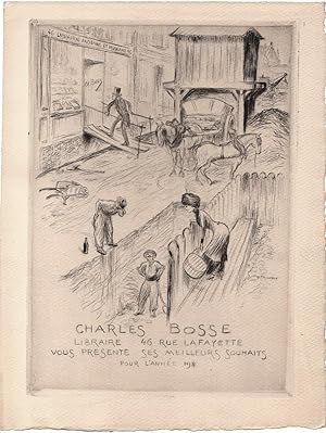 Carte de voeux eau-forte librairie antiquaire Charles Bosse Paris 1911