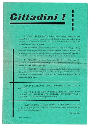 Bild des Verkufers fr Volantino di propaganda anarchica zum Verkauf von AU SOLEIL D'OR Studio Bibliografico
