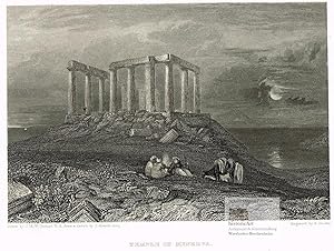 Bild des Verkufers fr Temple of Minerva. Cape Colonna. Stimmungsvolle Ansicht des Minerva-Tempels bei Cape Colonna bei Sonnenuntergang, im Vordergrund Reisende mit Pferden am Lagerfeuer. Original-Stahlstich von Edward Finden nach einem Gemlde von William Turner um 1830 zum Verkauf von historicArt Antiquariat & Kunsthandlung