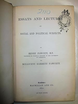 Seller image for Essays and Lectures on Social and Political Subjects. for sale by Far Eastern Booksellers / Kyokuto Shoten