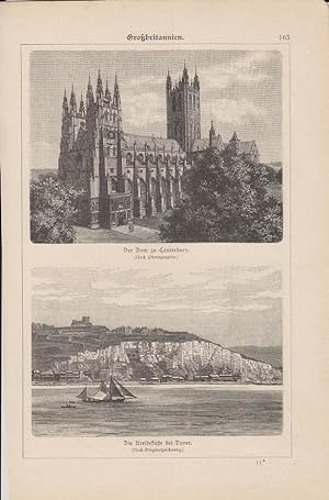Org. Holzstich Großbritannien - Der Dom zu Canterbury; Die Kreidekuste bei Dover; Der Snowdon in ...