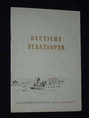 Imagen del vendedor de Programmheft Deutsche Staatsoper Berlin 1954. CAVALLERIA RUSTICANA von Mascagni [und] DER BAJAZZO von Leoncavallo. Musikal. Ltg.: Herbert Charlier, Insz./ Bhnenbild: Heinrich Altmann, Kostme: Gisela Appelt. Mit Sigrid Ekkehard, Julius Katona, Adelheid Mller-He, Gerhard Niese, Esther Hilbert; Helge Rosvaenge, Maria Corelli, Kurt Rehm, Heinz Braun, Alwin Hendriks a la venta por Fast alles Theater! Antiquariat fr die darstellenden Knste