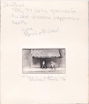 Immagine del venditore per AUTOGRAPH NOTE SIGNED BY RENEE ROCKOFF ILLUSTRATED WITH AN ORIGINAL SIGNED ETCHING BY MICHAEL KIRK. venduto da Blue Mountain Books & Manuscripts, Ltd.