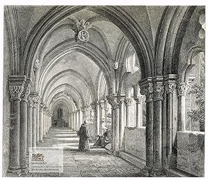 Bild des Verkufers fr Kreuzgang von St. Michael zu Hildesheim. Ansicht des Kloster-Kreuzgangs mit zwei lesenden Mnchen. Original-Stahlstich von Poppel nach lange um 1850 zum Verkauf von historicArt Antiquariat & Kunsthandlung