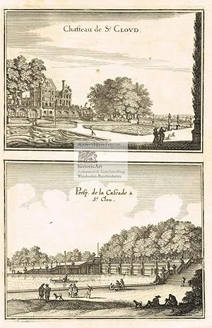 Bild des Verkufers fr Chasteau de St. Cloud. Prosp. de la Cascade a St. Clou. Ansichten von Schloss St. Clou und Kaskaden im Schlosspark von St. Clou bei Paris. Original-Kupferstiche von Caspar Merian um 1660 zum Verkauf von historicArt Antiquariat & Kunsthandlung