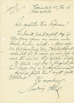 Eigenhändiger Brief m.U. an Max Reinhardt. Marienbad (Villa Madrid), 22. Juli 1934. 4°. 1 S. - Mi...