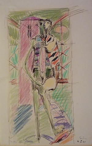 Bild des Verkufers fr Figur mit Brckenpfeiler. Farbstift und Tuschfeder. zum Verkauf von Biblion Antiquariat