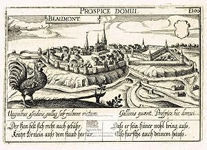 Imagen del vendedor de Beaumont. Unguibus assiduis gallus sub pulvere victum Gallinis quaerit. Prospic hic domui. Ansicht der Stadt Beaumont mit Kirchen, Stadtmauern und umgebenden Flssen aus der Vogelschau. Original-Kupferstich mit deutsch-lateinischem Sinnspruch aus Daniel Meisners Politischem Schatzkstlein um 1630 a la venta por historicArt Antiquariat & Kunsthandlung