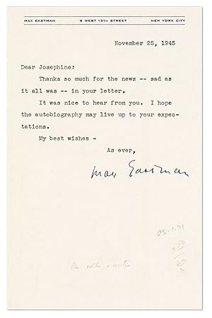 Imagen del vendedor de Typed Note, signed, to "Joesphine" [Herbst?], dated November 25, 1945 a la venta por Lorne Bair Rare Books, ABAA