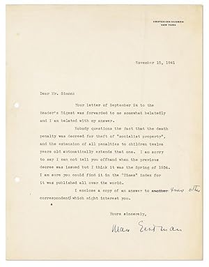 Imagen del vendedor de Typed Letter, signed. 1pp, to "Mr. Simon", dated November 15, 1941 a la venta por Lorne Bair Rare Books, ABAA