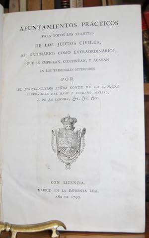 Imagen del vendedor de APUNTAMIENTOS PRACTICOS PARA TODOS LOS TRAMITES DE LOS JUICIOS CIVILES, ASI ORDINARIOS COMO EXTRAORDINARIOS, QUE SE EMPIEZAN, CONTINUAN, Y ACABAN EN LOS TRIBUNALES SUPERIORES a la venta por Fbula Libros (Librera Jimnez-Bravo)