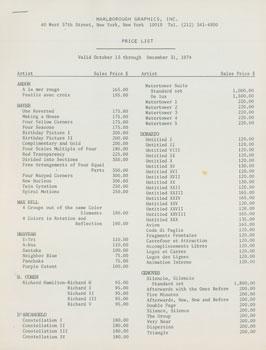 Seller image for A La Mer Rouge; Feuille Avec Croix; One Reversed, et al. Price List Valid October 15 through December 31, 1974. for sale by Wittenborn Art Books