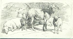 Imagen del vendedor de Widder und Lamm, Dahinter 3 liegende Schafe. Radierung von J.A. Klein, in der Platte links oben signiert und datiert a la venta por Antiquariat  Braun