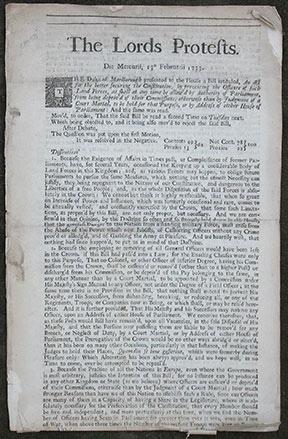 The Lords Protests. Die Mercurii, 13° Februarii 1733. The Duke of Marlborough presented to the Ho...