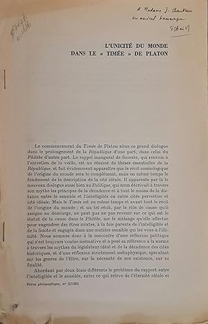 Seller image for L'Unicit du monde dans le "Time" de Platon for sale by Le Chemin des philosophes