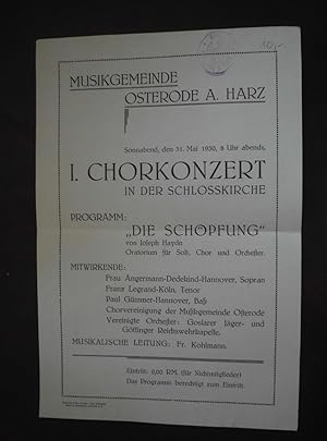 Sonnabend, den 31. Mai 1930, 8 Uhr abends, I. Chorkonzert in der Schlosskirche - Programm: "Die S...