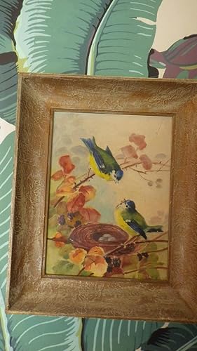 Seller image for 1940's Framed Original Oil Painting by B. Hanley on Canvas of 2 Birds of Blue, Yellow, & Green with their Nest of 3 Eggs & Autumn Leaves ( California Artist ) 1940's Framed Original Oil Painting by B. Hanley for sale by Bluff Park Rare Books