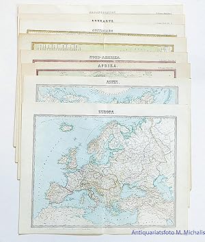 Bild des Verkufers fr Planigloben und die 5 Kontinente - Konvolut der ersten 8 handkolorierten Karten aus: Illustrirter Hand-Atlas der Geographie und Statistik in 48 colorirten Tafeln. zum Verkauf von Magister Michalis, Internet-Antiquariat