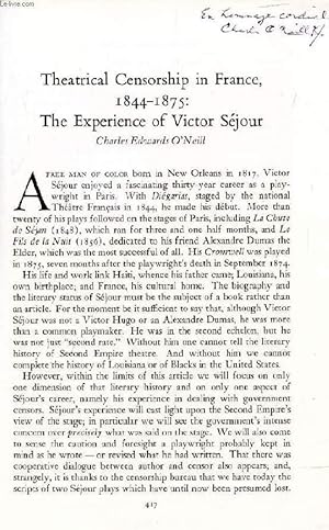 Seller image for THEATRICAL CENSORSHIP IN FRANCE, 1844-1875, THE EXPERIENCE OF VICTOR SEJOUR (OFFPRINT) for sale by Le-Livre