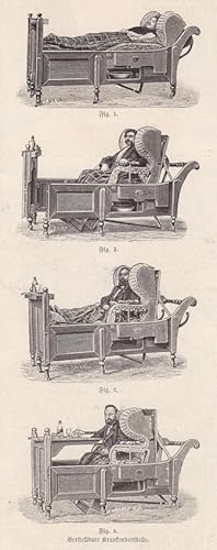 Verstellbare Krankenbettstelle, Krankenpflege, Holzstich um 1885 mit vier Einzelabbildungen auf e...