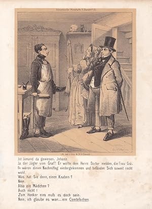 Butler, Hausdiener, Gräfin, Graf, Doktor, Zylinder, Gehstock, schöne getönte Lithographie um 1850...