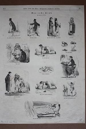 Das erste Kind, Säugling, Doktor, Amme, humoristischer Holzstich um 1860 als Sammelblatt mit 13 E...
