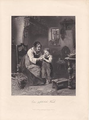 Eine gefährliche Wunde, Kind, Großmutter, Küche, Katze, Schnitt, Stahlstich um 1850 von A. Simon ...