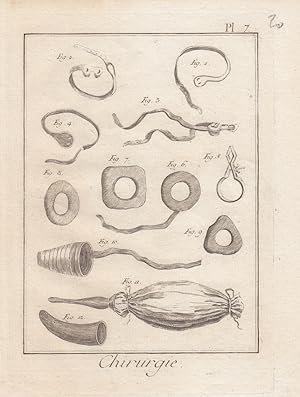 Chirurgie, Arzt, Kupferstich um 1780 mit der Abbildung mehrerer chirurgischer Gerätschaften, Blat...