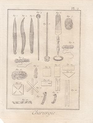 Chirurgie, Skalpell, Messer, Kupferstich um 1780 mit der Abbildung mehrerer chirurgischer Gerätsc...